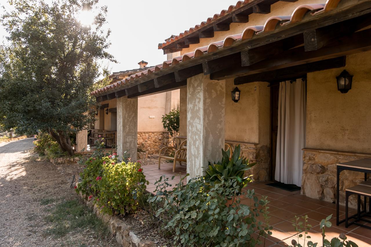 The apartment facade in low sun: tiled roof, timber eaves, rendered columns and a bed of geraniums along the gravel path.