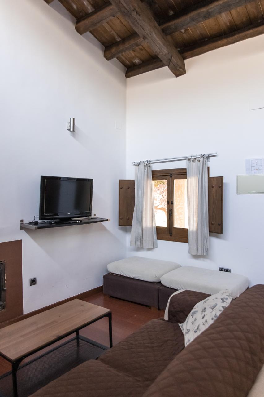 Apartment living room with sofa, television and beamed ceiling.